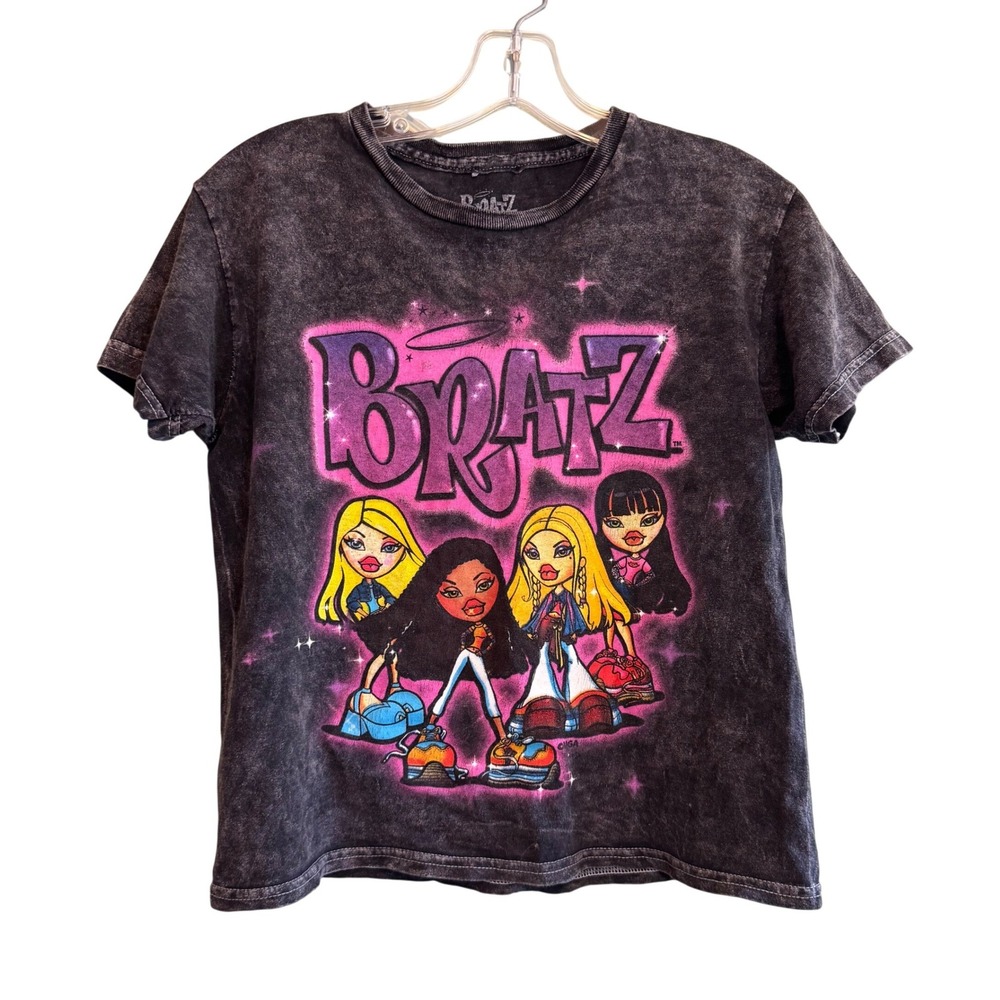 Bratz Womens Y2K Aesthetic Graphic Grunge Streetwear Top Acid Wash Grey Size‎ XS